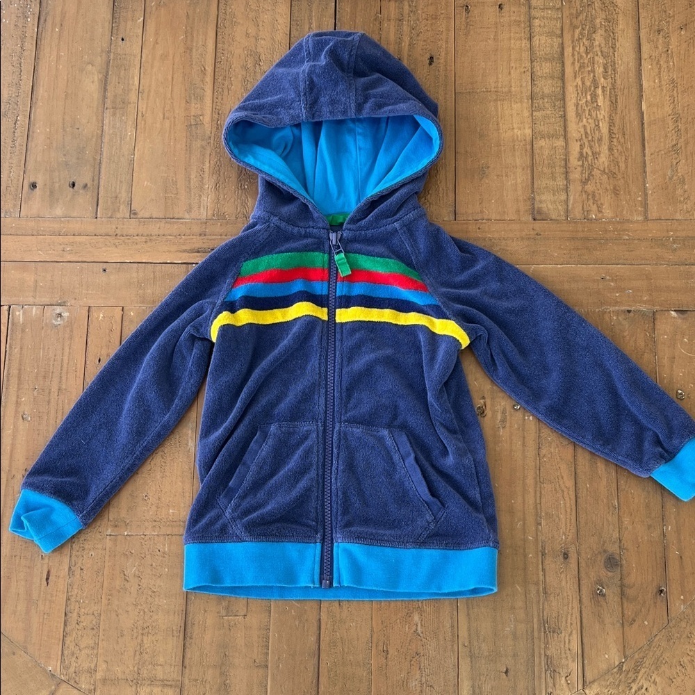 Mini Boden navy Terrycloth rainbow stripe zip front hoodie 2-3 years